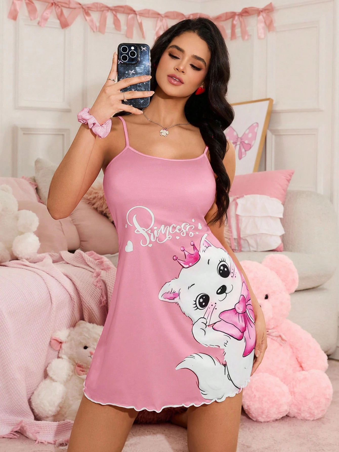 shein قميص نوم نسائي بطبعة قطة وفيونكة بطراز ins جميل 7