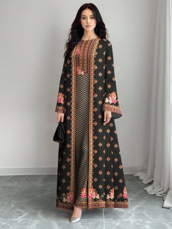shein najma فستان نسائي بطراز بوهيمي أنيق بطبعة زهرية عتيقة، طقم قطعتين من الفستان الماكسي بياقة دائرية والكارديجان، بطراز عربي، موضة الربيع والصيف 9