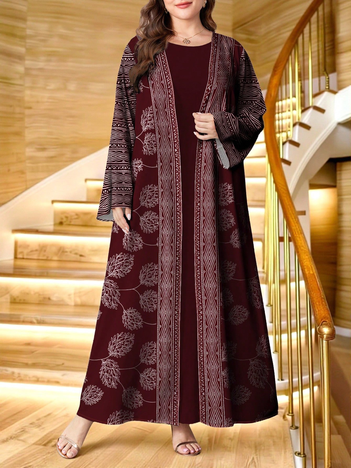 shein najma عباية عربية كاجوال طويلة الأكمام مطبوعة بطباعة رقمية زهرية للنساء ذوات الحجم الكبير، للربيع والخريف 4