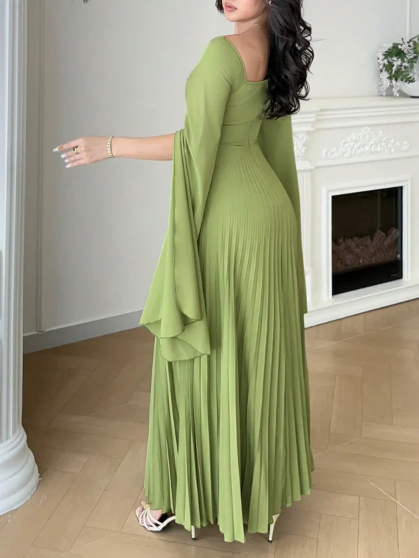 modelyn فستان أنيق بأكمام طويلة مطوي بياقة مربعة وتصميم لون سادة مع شق 6