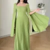 modelyn فستان أنيق بأكمام طويلة مطوي بياقة مربعة وتصميم لون سادة مع شق 10