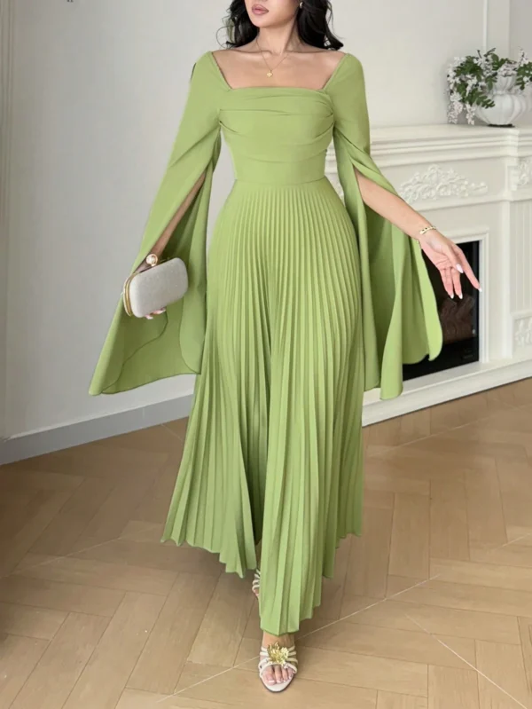 modelyn فستان أنيق بأكمام طويلة مطوي بياقة مربعة وتصميم لون سادة مع شق 13