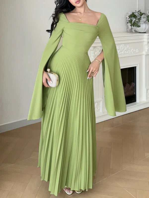 modelyn فستان أنيق بأكمام طويلة مطوي بياقة مربعة وتصميم لون سادة مع شق 8