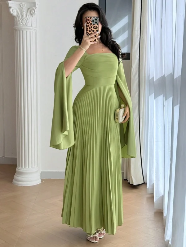 modelyn فستان أنيق بأكمام طويلة مطوي بياقة مربعة وتصميم لون سادة مع شق 12