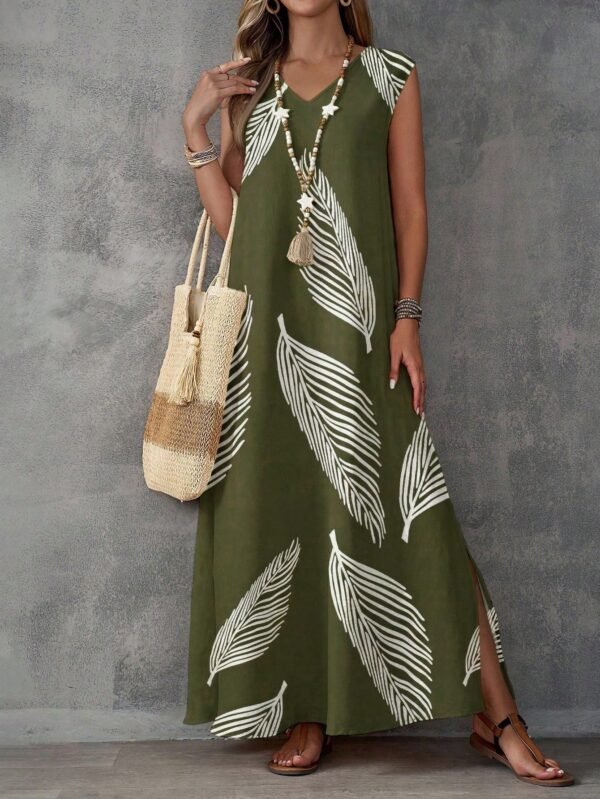 shein lune فستان ماكسي كاجوال للنساء من قماش مُنسوج بتصميم أخضر عسكري بياقة على شكل حرف v بدون أكمام مع طبعة ريش عشوائية وشق في الفخذ shein lune فستان ماكسي كاجوال للنساء من قماش مُنسوج بتصميم أخضر عسكري بياقة على شكل حرف v بدون أكمام مع طبعة ريش عشوائية وشق في الفخذ