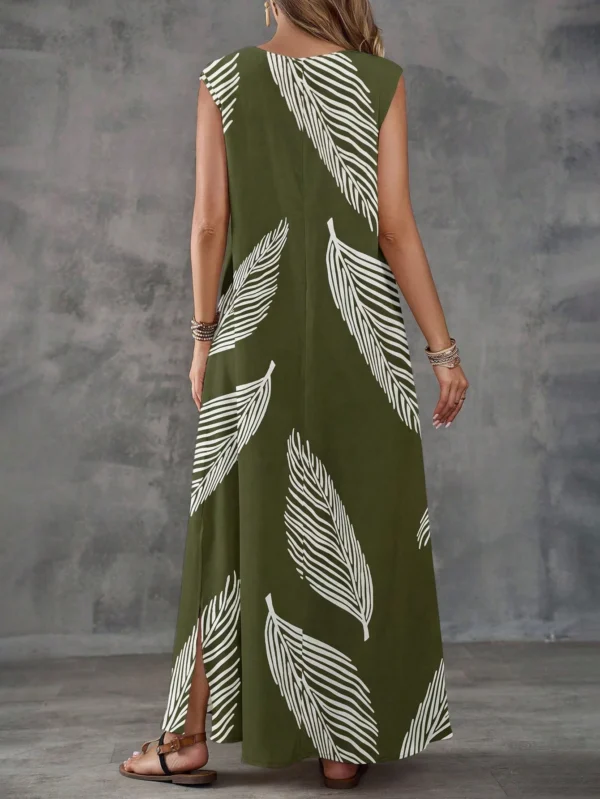 shein lune فستان ماكسي كاجوال للنساء من قماش مُنسوج بتصميم أخضر عسكري بياقة على شكل حرف v بدون أكمام مع طبعة ريش عشوائية وشق في الفخذ 7