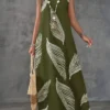 shein lune فستان ماكسي كاجوال للنساء من قماش مُنسوج بتصميم أخضر عسكري بياقة على شكل حرف v بدون أكمام مع طبعة ريش عشوائية وشق في الفخذ 8