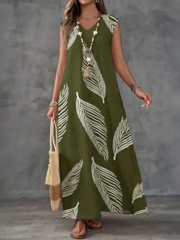 shein lune فستان ماكسي كاجوال للنساء من قماش مُنسوج بتصميم أخضر عسكري بياقة على شكل حرف v بدون أكمام مع طبعة ريش عشوائية وشق في الفخذ 8