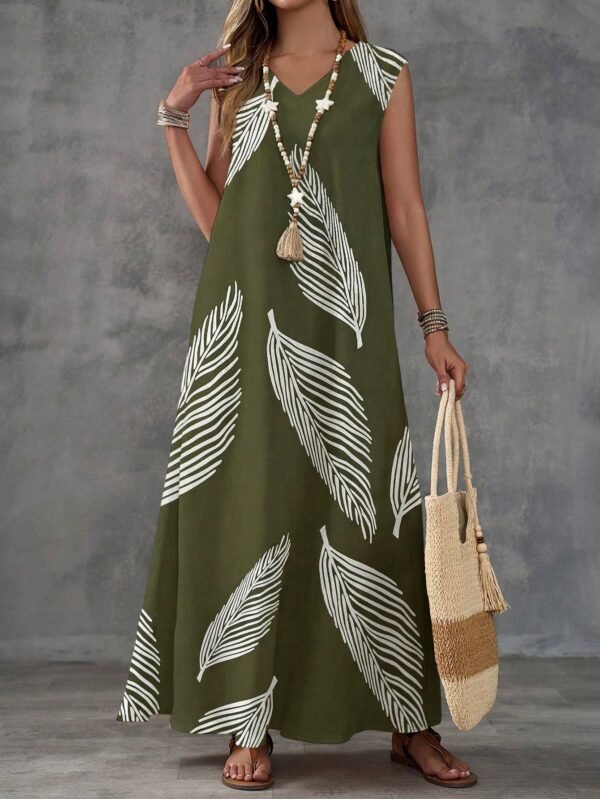 shein lune فستان ماكسي كاجوال للنساء من قماش مُنسوج بتصميم أخضر عسكري بياقة على شكل حرف v بدون أكمام مع طبعة ريش عشوائية وشق في الفخذ 9
