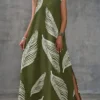 shein lune فستان ماكسي كاجوال للنساء من قماش مُنسوج بتصميم أخضر عسكري بياقة على شكل حرف v بدون أكمام مع طبعة ريش عشوائية وشق في الفخذ 10
