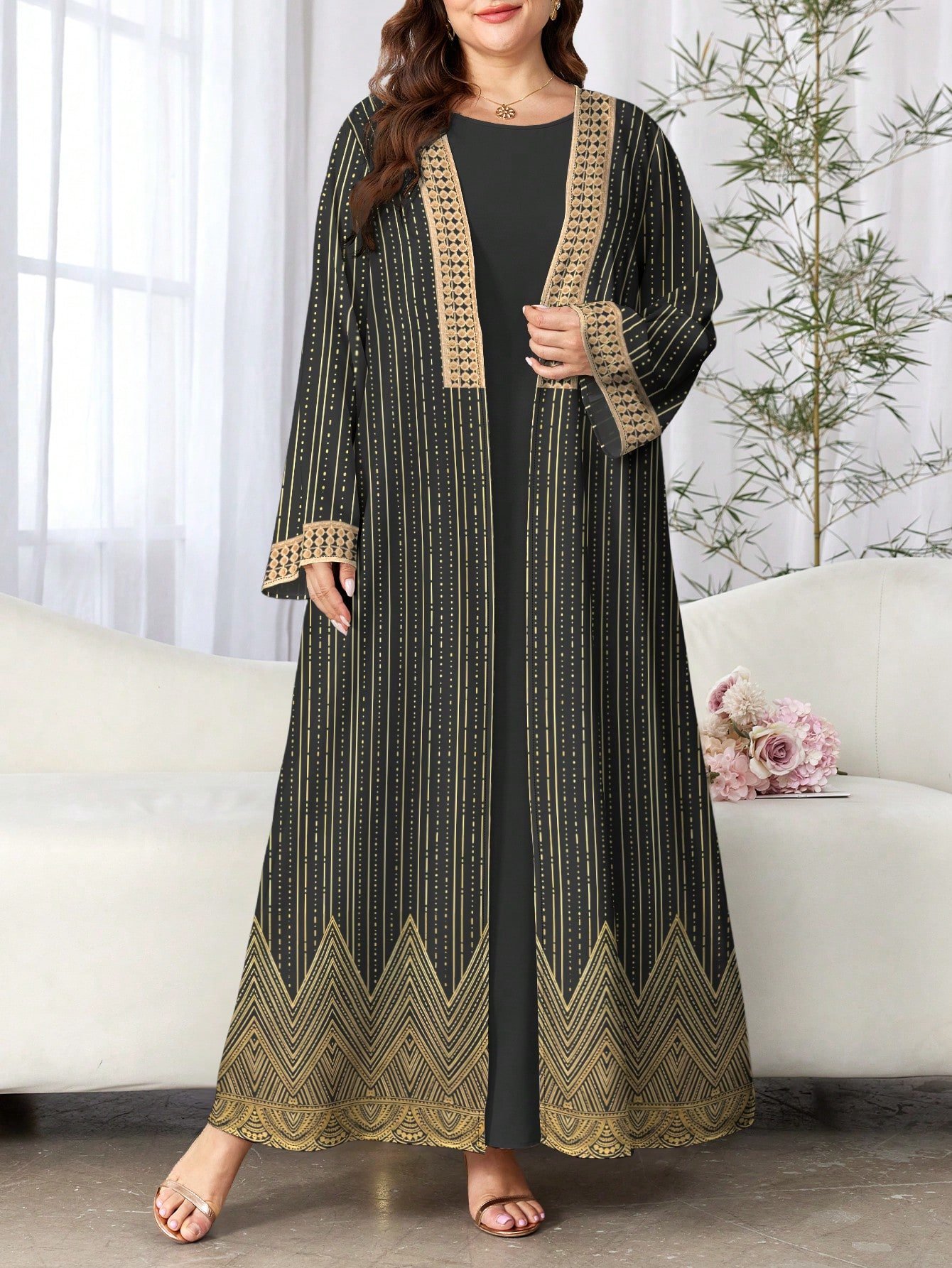 shein najma عباية عربية كاجوال طويلة الأكمام مطبوعة بطباعة رقمية زهرية للنساء ذوات الحجم الكبير، للربيع والخريف 2