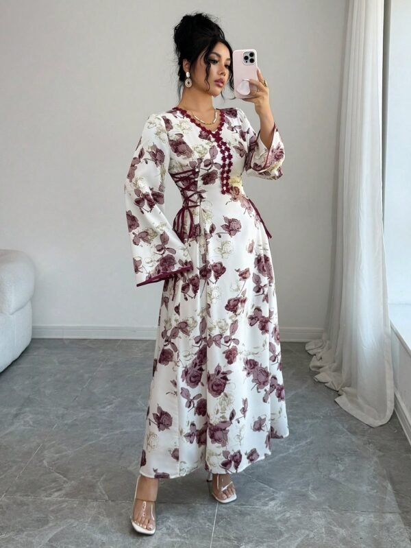 yasmyna فستان نسائي بطبعة زهرية وياقة على شكل حرف v وربطة خصر بأسلوب عربي 4