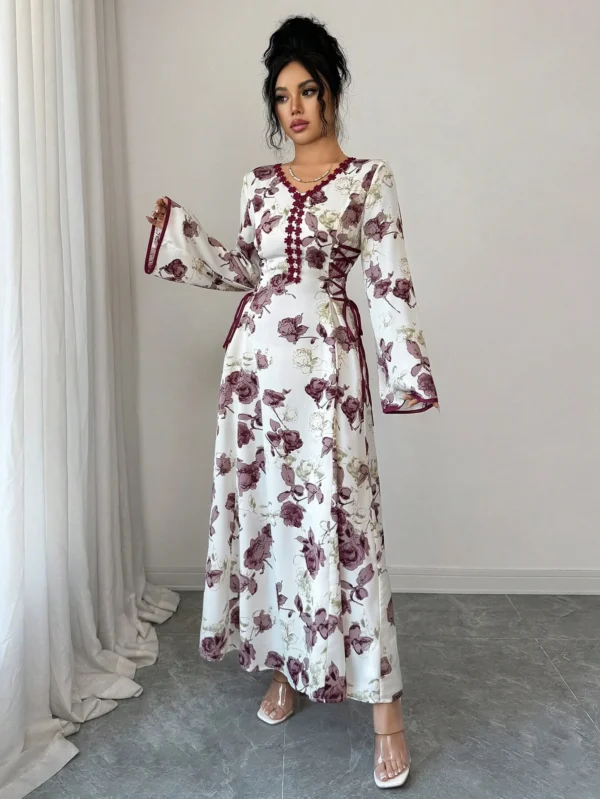 yasmyna فستان نسائي بطبعة زهرية وياقة على شكل حرف v وربطة خصر بأسلوب عربي 6