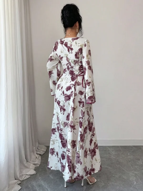 yasmyna فستان نسائي بطبعة زهرية وياقة على شكل حرف v وربطة خصر بأسلوب عربي 8