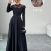 elenzga فستان ضيف الزفاف أنيق رومانسي بياقة عالية وأكمام طويلة وتصميم خط a مع تباين الدانتيل elenzga فستان ضيف الزفاف أنيق رومانسي بياقة عالية وأكمام طويلة وتصميم خط a مع تباين الدانتيل