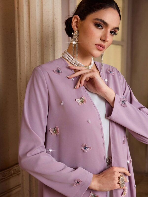 al najma عباءة نسائية أنيقة طويلة الأكمام مزينة بزخارف فراشات ثلاثية الأبعاد، عباءة فراشة بلون أرجواني 4