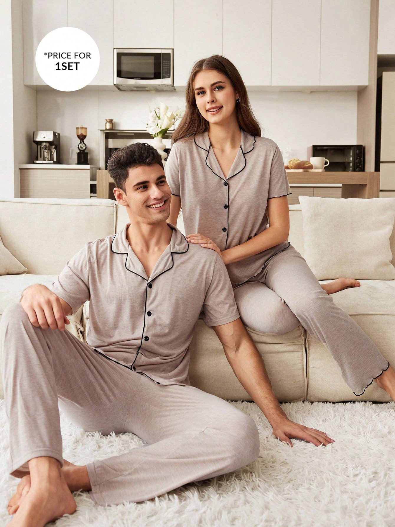 coupledup ملابس علوية وبنطلون قطني ناعم ذو تصميم مريح، مجموعة ملابس منزلية/نوم كاجوال للأزواج، بياقة كاكي وخطوط سوداء على الحواف 5