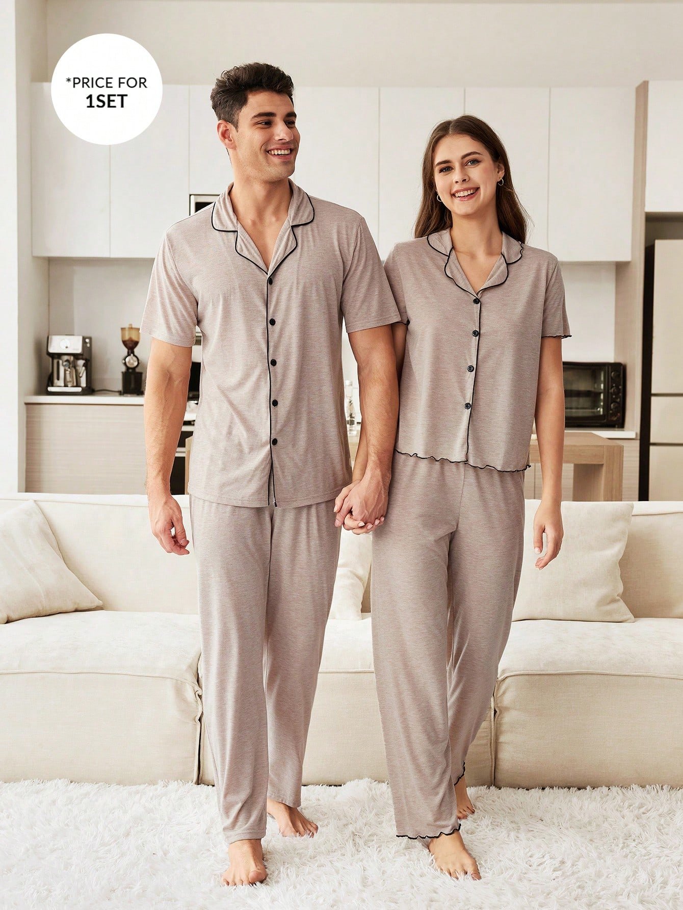 coupledup ملابس علوية وبنطلون قطني ناعم ذو تصميم مريح، مجموعة ملابس منزلية/نوم كاجوال للأزواج، بياقة كاكي وخطوط سوداء على الحواف 8