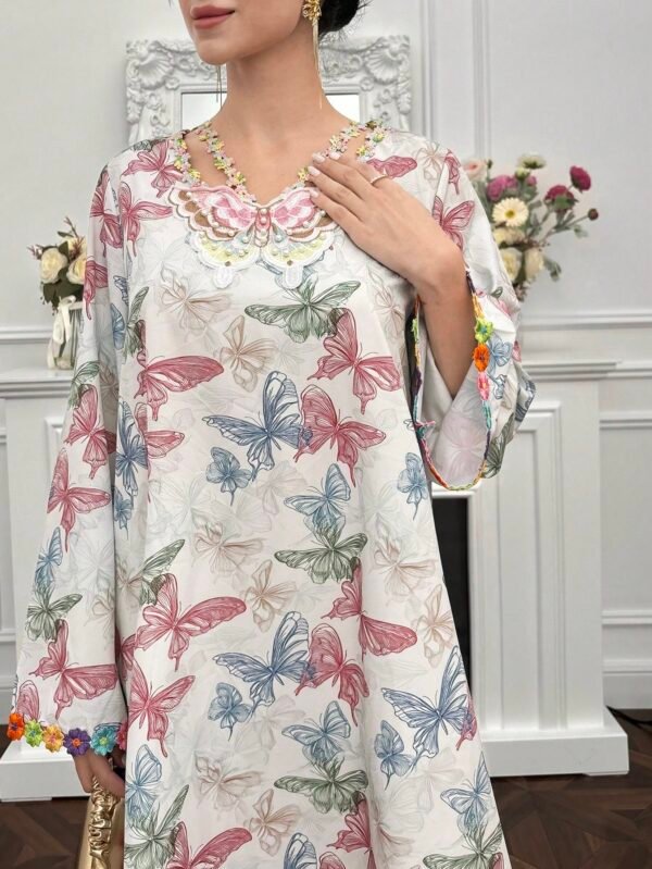 yasmyna فستان بأكمام طويلة وياقة على شكل حرف v بطبعة الفراشة بأسلوب عربي فضفاض 4