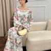 yasmyna فستان بأكمام طويلة وياقة على شكل حرف v بطبعة الفراشة بأسلوب عربي فضفاض 7