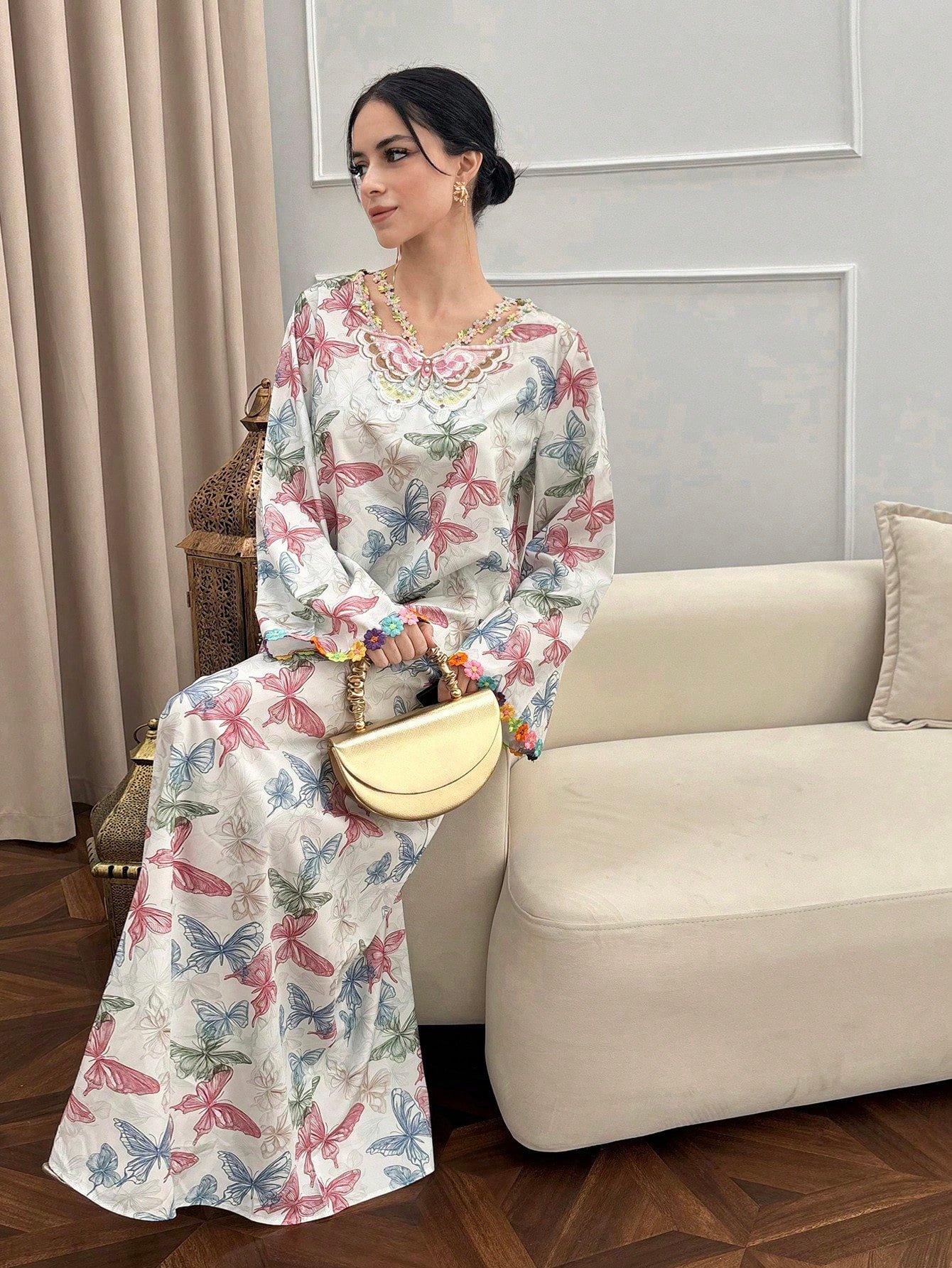 yasmyna فستان بأكمام طويلة وياقة على شكل حرف v بطبعة الفراشة بأسلوب عربي فضفاض 7