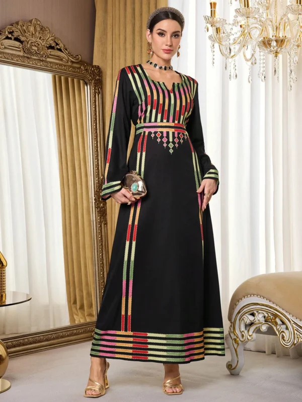 al najma رمضان فستان طويل الأكمام بطبعات ألوان متباينة بأسلوب عربي للنساء 2
