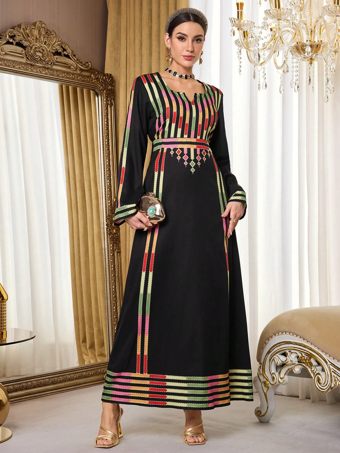 al najma رمضان فستان طويل الأكمام بطبعات ألوان متباينة بأسلوب عربي للنساء 2