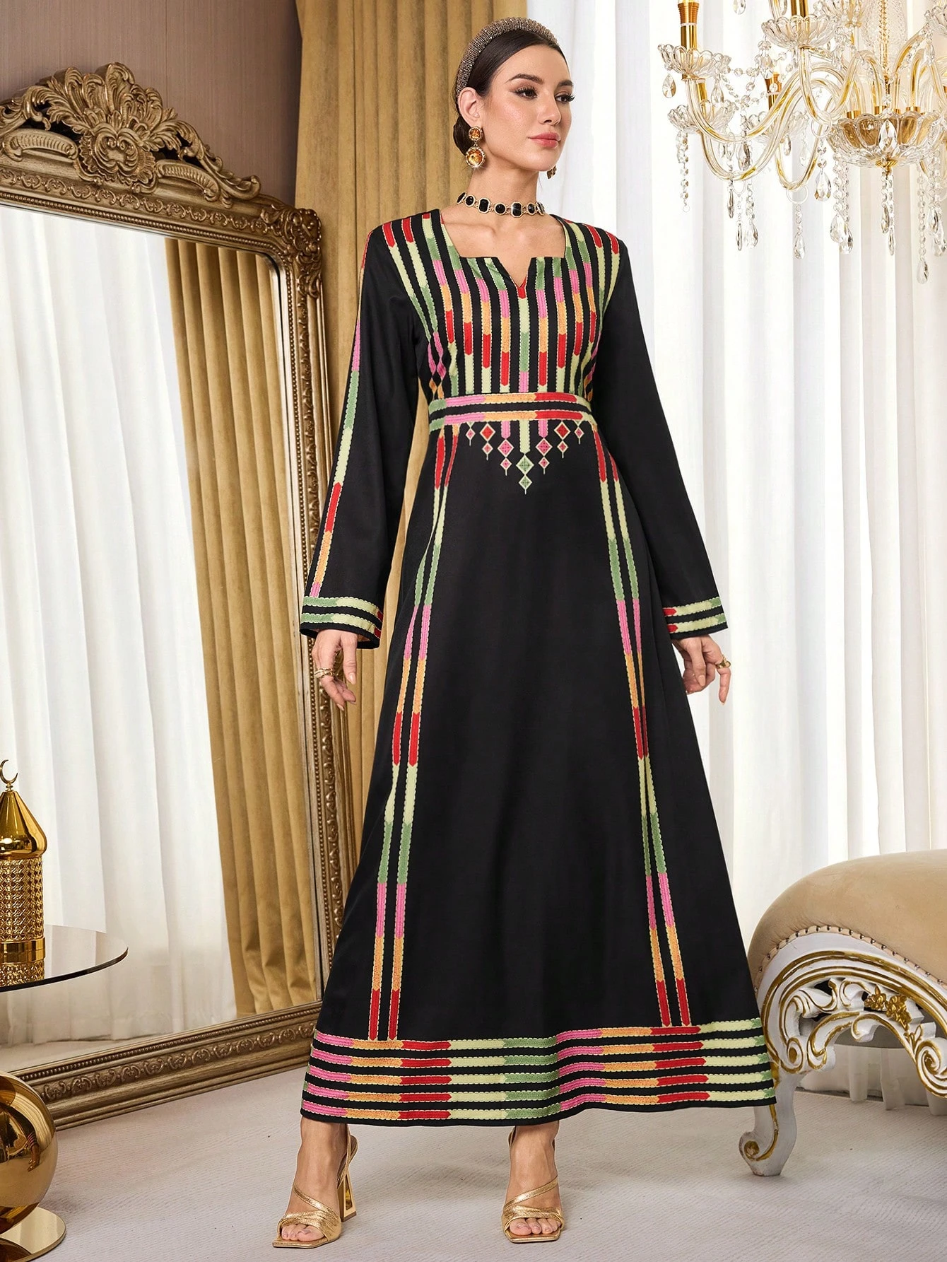 al najma رمضان فستان طويل الأكمام بطبعات ألوان متباينة بأسلوب عربي للنساء 3