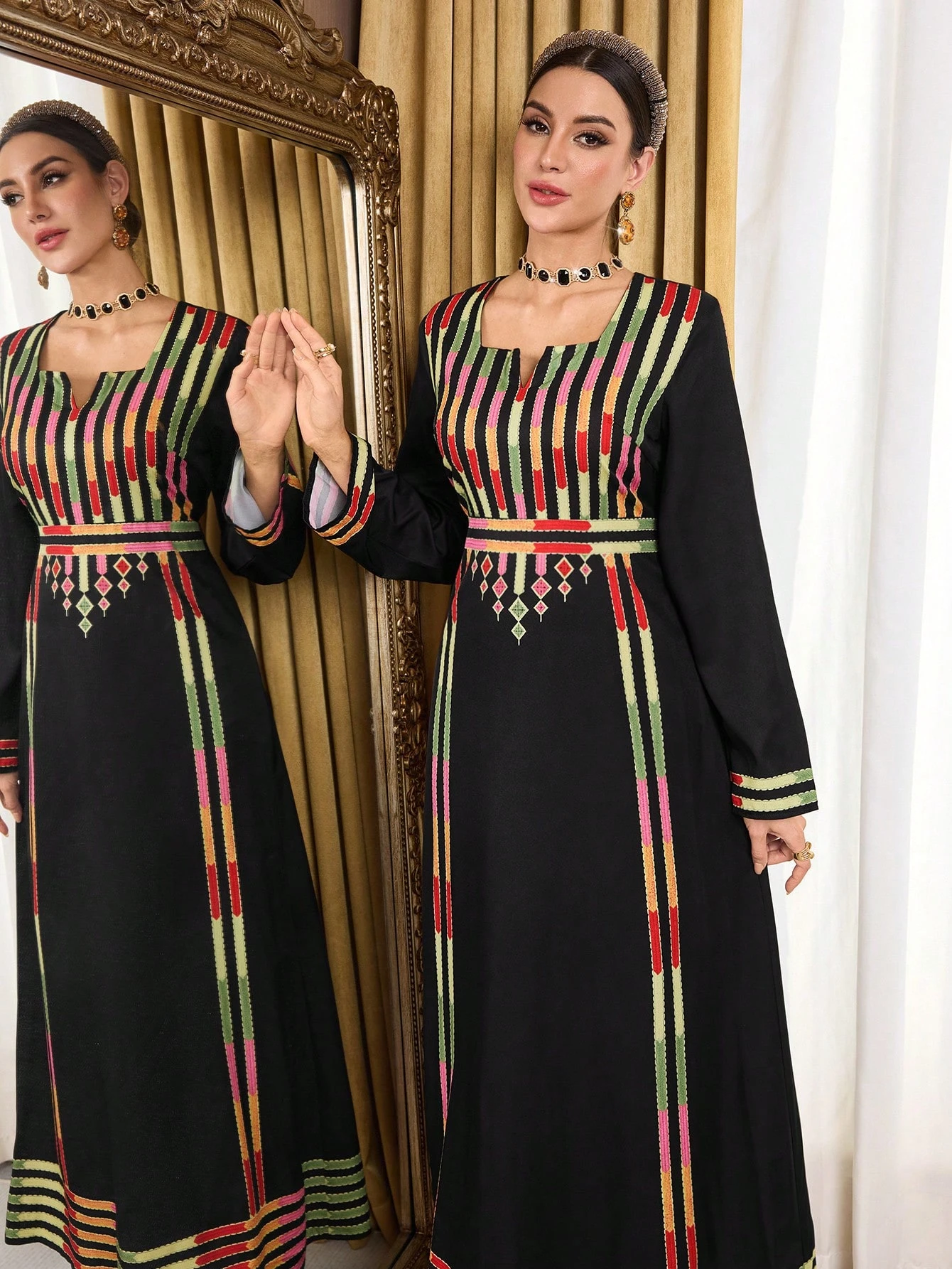 al najma رمضان فستان طويل الأكمام بطبعات ألوان متباينة بأسلوب عربي للنساء 4
