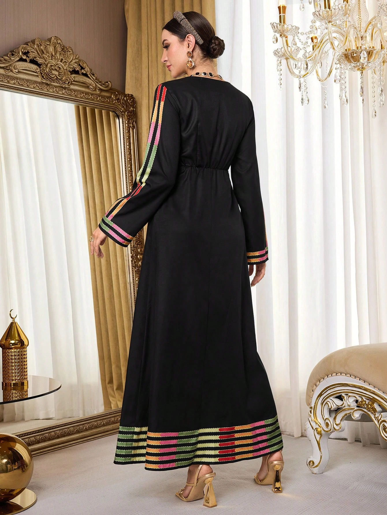 al najma رمضان فستان طويل الأكمام بطبعات ألوان متباينة بأسلوب عربي للنساء 5