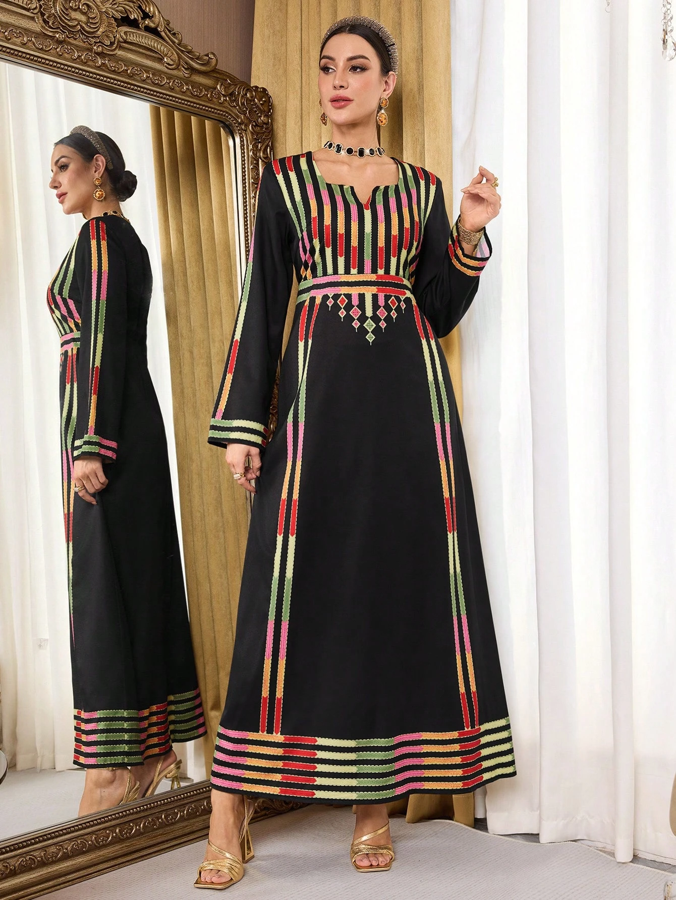 al najma رمضان فستان طويل الأكمام بطبعات ألوان متباينة بأسلوب عربي للنساء 7