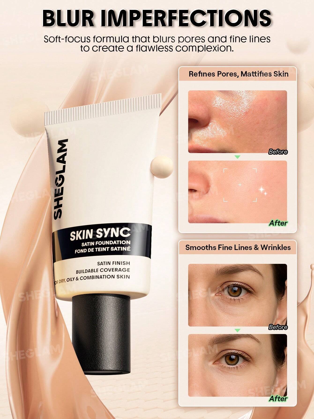 sheglam skin sync satin كريم أساس fair علامة تجارية جمال مكياج ميكب مستحضرات تجميل للنساء الفتيات مثالي لفصل الصيف الربيع مثالي ل y2k أزياء أنيقة عيد الأم هدية حفلة جاهز أفضل لون 40