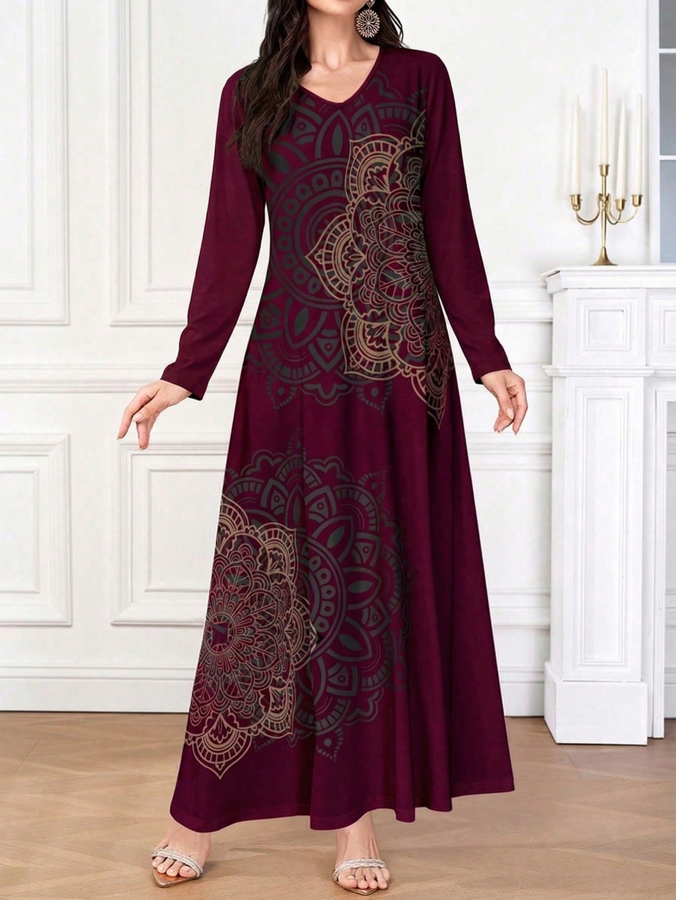 shein najma فستان طويل الأكمام للنساء بطباعة فنية أنيقة وعصرية shein najma فستان طويل الأكمام للنساء بطباعة فنية أنيقة وعصرية