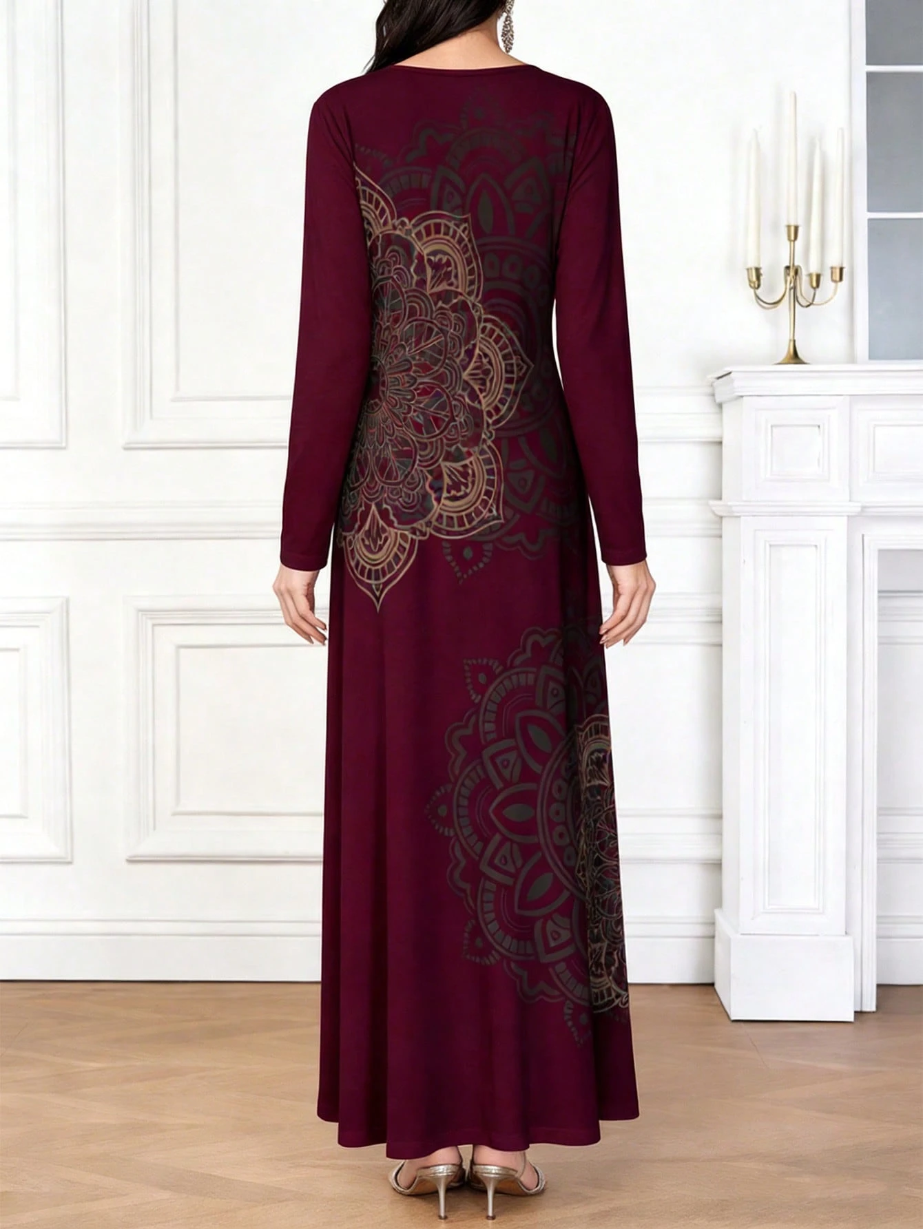 shein najma فستان طويل الأكمام للنساء بطباعة فنية أنيقة وعصرية 2