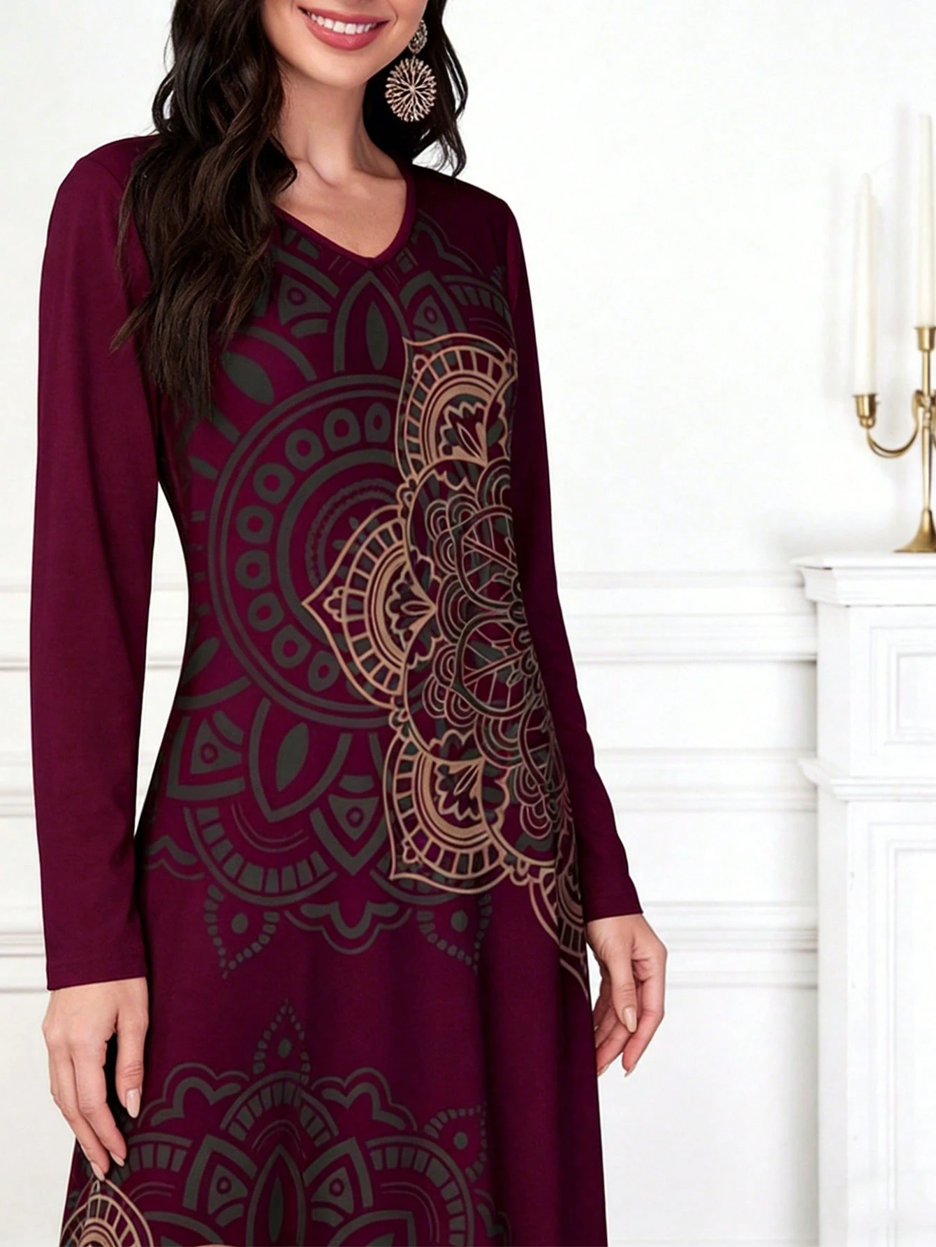 shein najma فستان طويل الأكمام للنساء بطباعة فنية أنيقة وعصرية 3