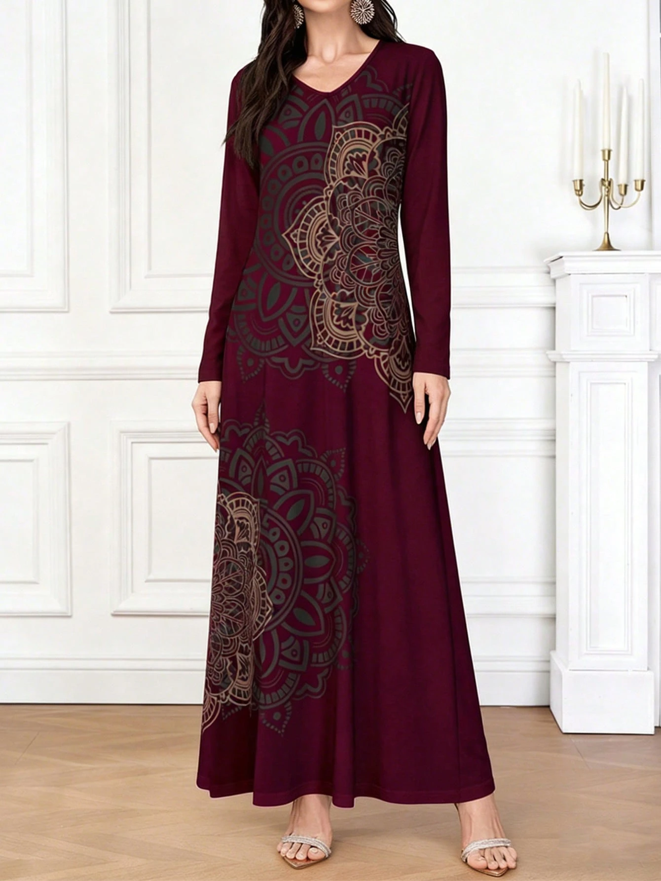 shein najma فستان طويل الأكمام للنساء بطباعة فنية أنيقة وعصرية 4