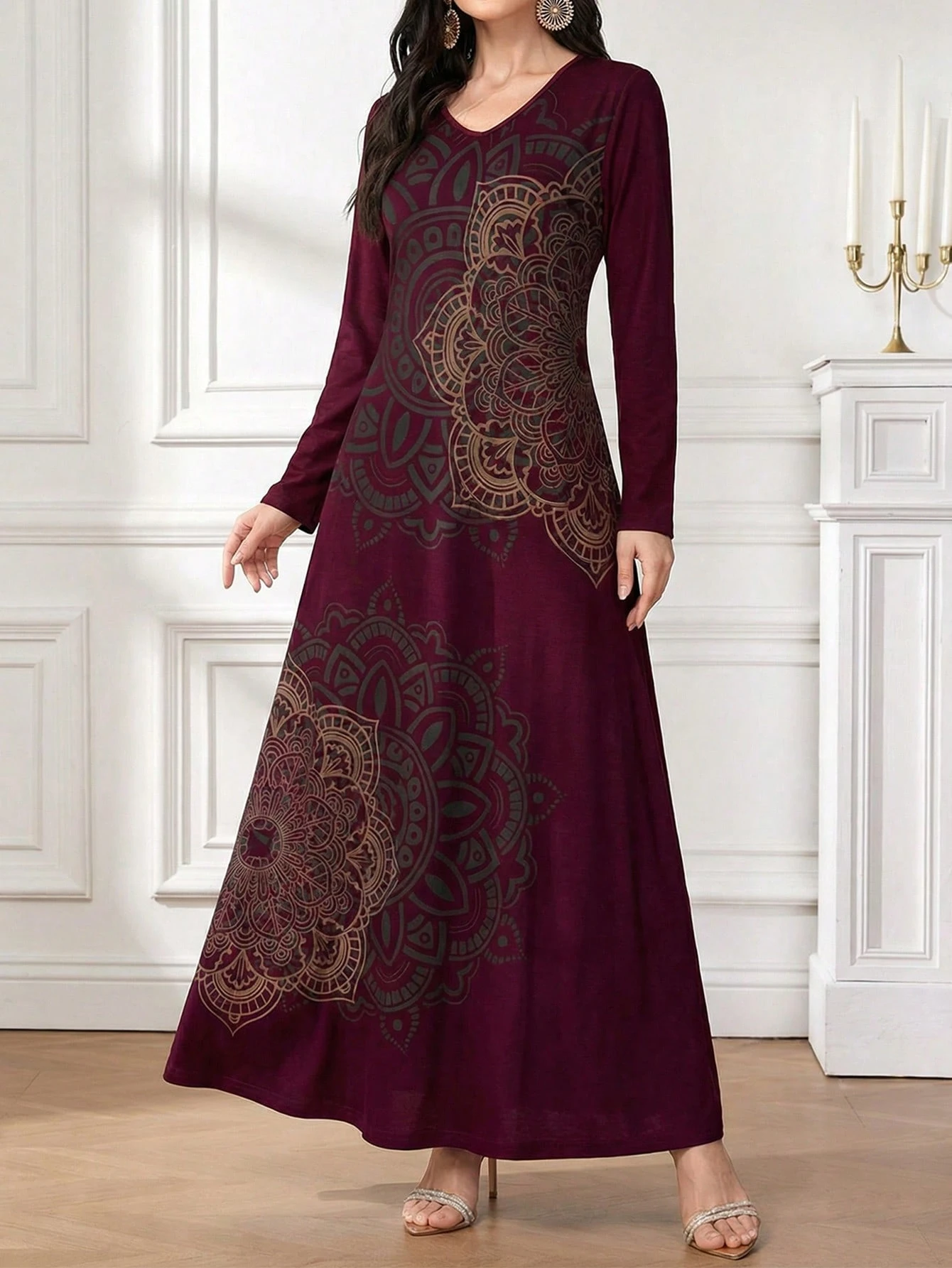 shein najma فستان طويل الأكمام للنساء بطباعة فنية أنيقة وعصرية 5