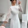 modelyn فستان نسائي بياقة عالية وخصر مشدود بالدانتيل باللون الأحمر 14
