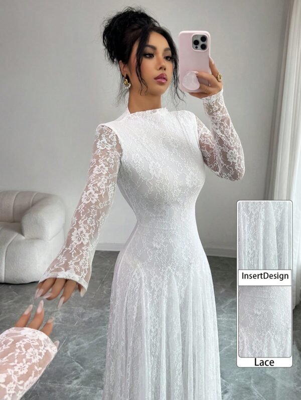 modelyn فستان نسائي بياقة عالية وخصر مشدود بالدانتيل باللون الأحمر 14