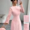 modelyn فستان نسائي بياقة عالية وخصر مشدود بالدانتيل باللون الأحمر 9