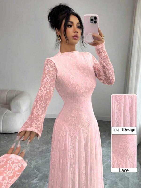 modelyn فستان نسائي بياقة عالية وخصر مشدود بالدانتيل باللون الأحمر 9