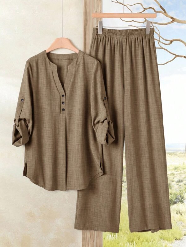 shein lune بدلة كاجوال للنساء تتكون من قميص بياقة على شكل حرف v وأكمام مكسرة، وبنطال ذو ساق واسعة 13
