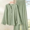 shein lune بدلة كاجوال للنساء تتكون من قميص بياقة على شكل حرف v وأكمام مكسرة، وبنطال ذو ساق واسعة 25