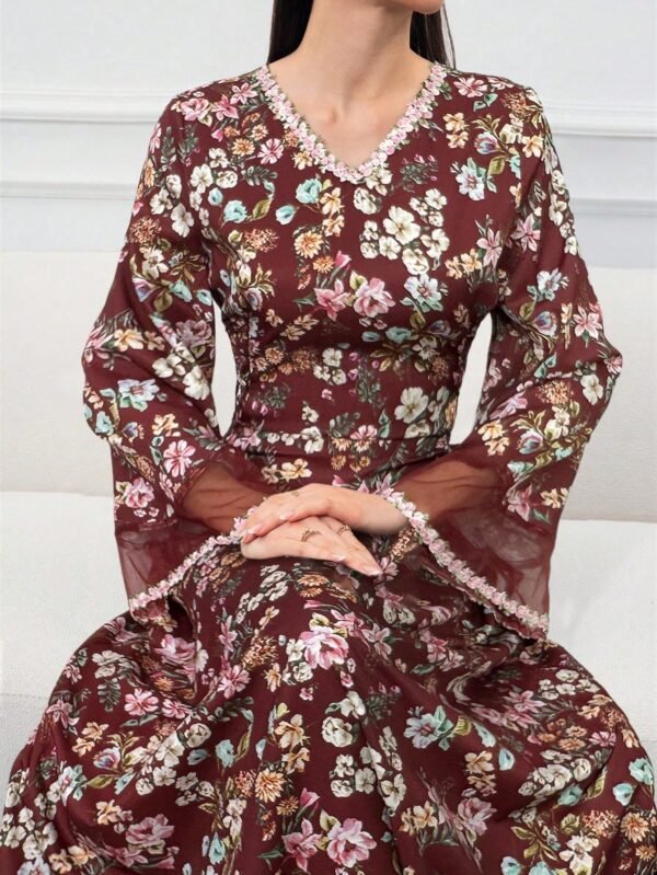 al najma فستان نسائي أنيق بطبعة زهرية وشبكة متباينة، خريفي 9