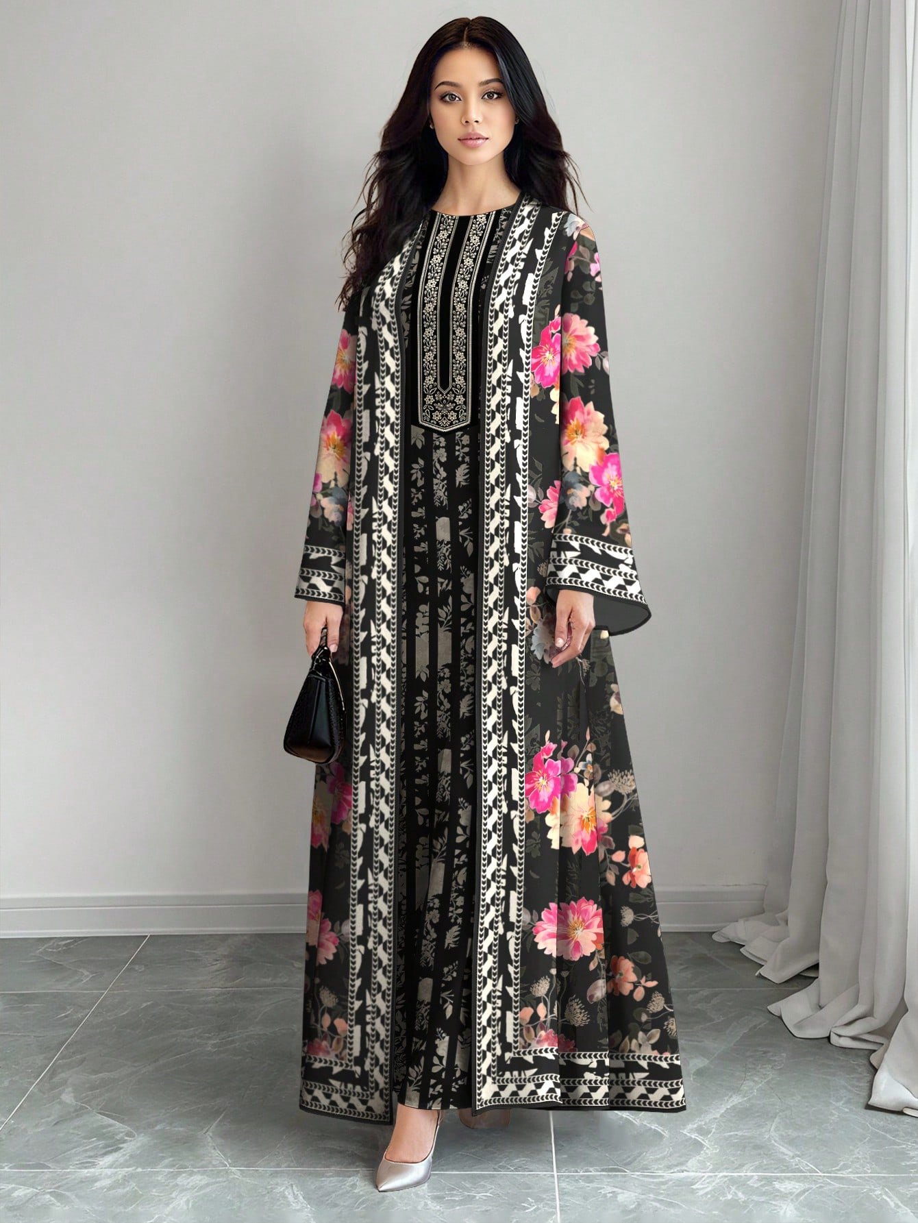 shein najma عباية كارديجان طويلة كاجوال للنساء بطبعة زهرية تدرجية ذات أكمام طويلة، مناسبة للربيع والخريف 1