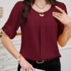 shein clasi بلوزة نسائية بياقة دائرية وأكمام قصيرة وأزرار أمامية سادة، بسيطة وكاجوال للارتداء اليومي 3