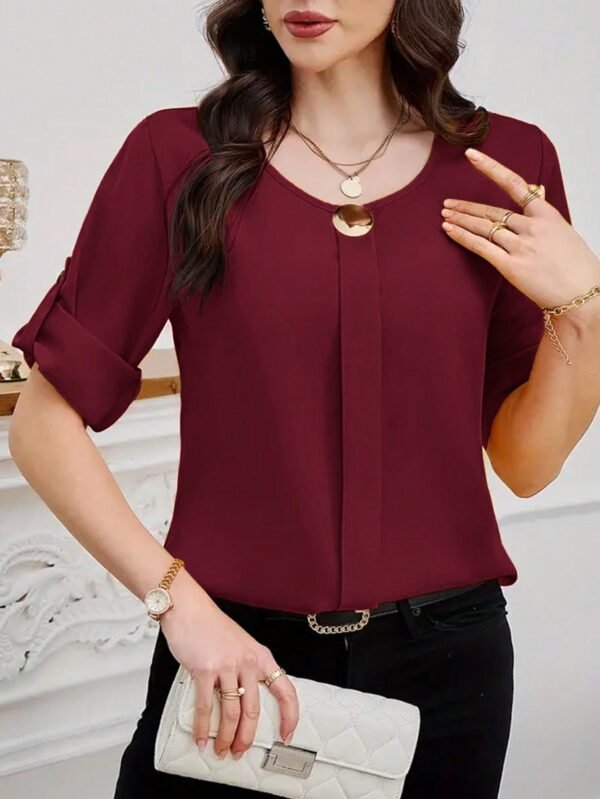 shein clasi بلوزة نسائية بياقة دائرية وأكمام قصيرة وأزرار أمامية سادة، بسيطة وكاجوال للارتداء اليومي 3