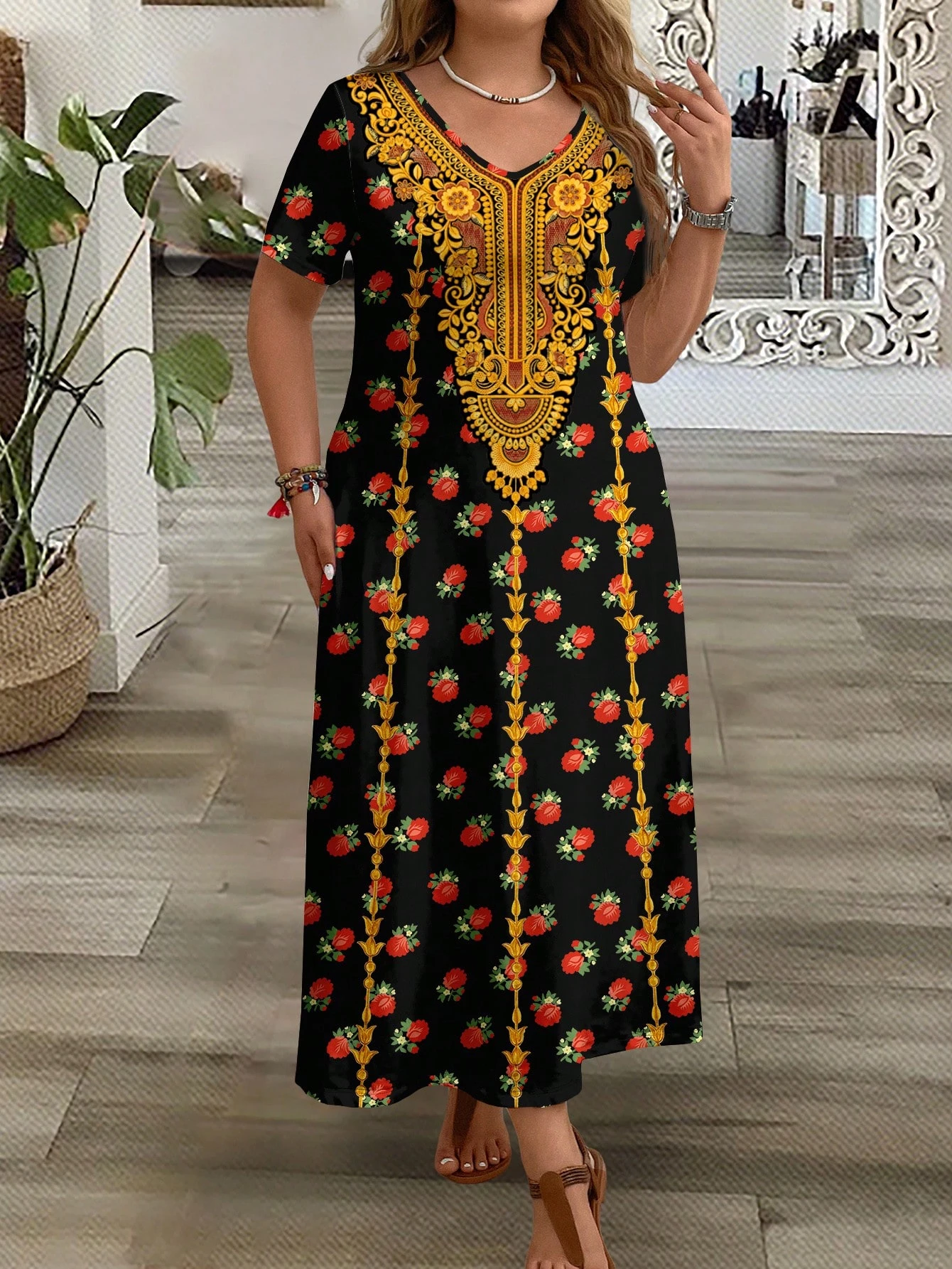 mellowie فستان كاجوال بياقة على شكل حرف v وأكمام قصيرة مناسب للمرأة البدينة في الصيف 4
