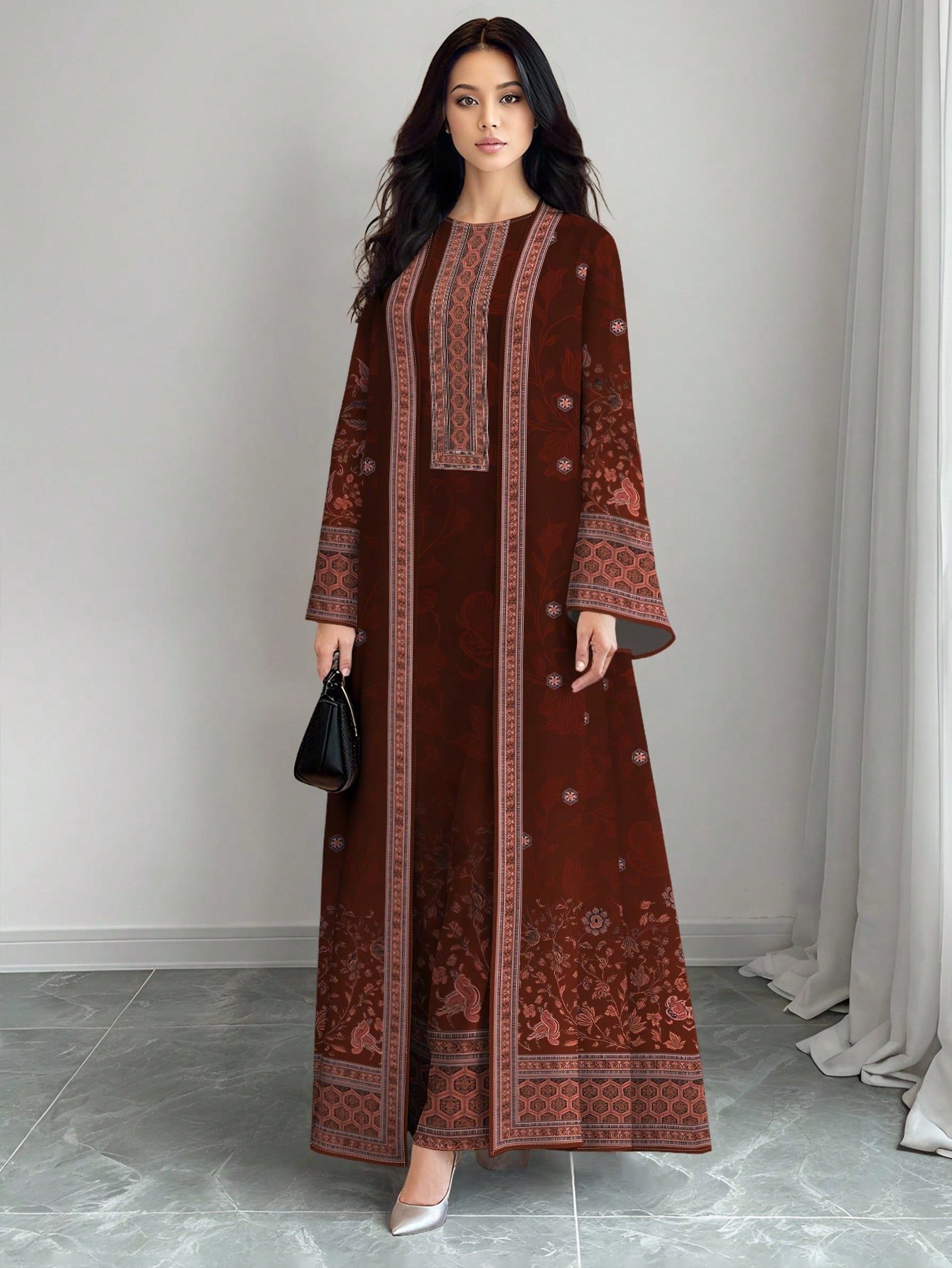 shein najma عباية كارديجان طويلة كاجوال للنساء بطبعة زهرية تدرجية ذات أكمام طويلة، مناسبة للربيع والخريف 3