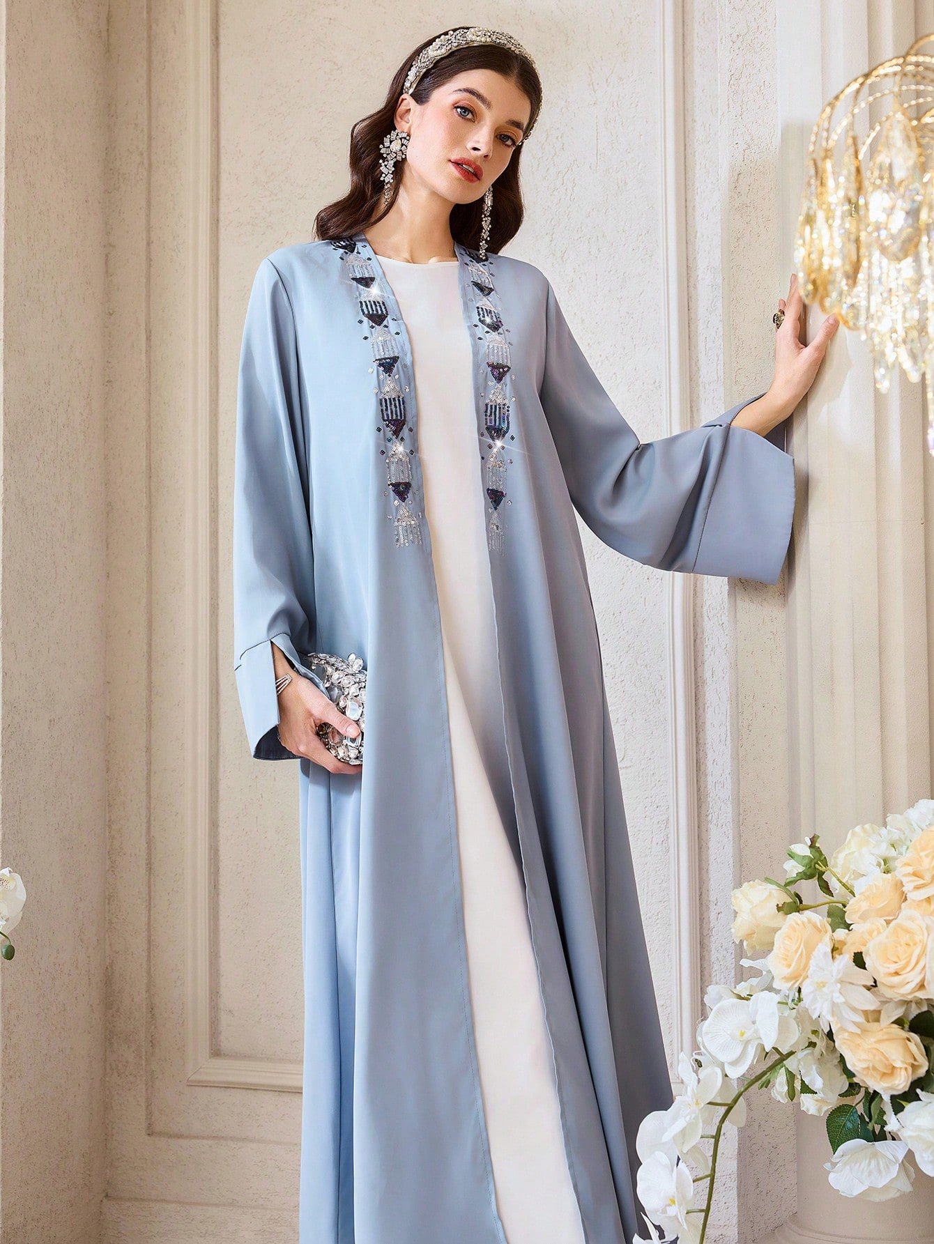 al najma رمضان عباية أنيقة للنساء مطرزة بالترتر، مفتوحة من الأمام، موديل خريفي 7